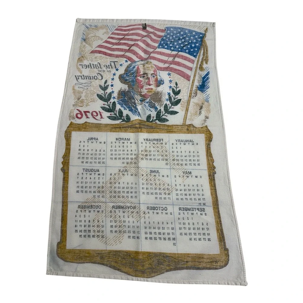 Vintage 1976 Calendar Kitchen Tea Towel George Washington USA 100% Cotton Korea